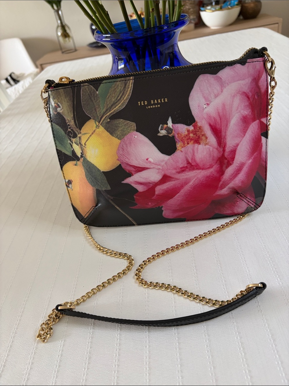 Ted Baker London Black Crossbody with Pink Floral and Yellow Fruit Design